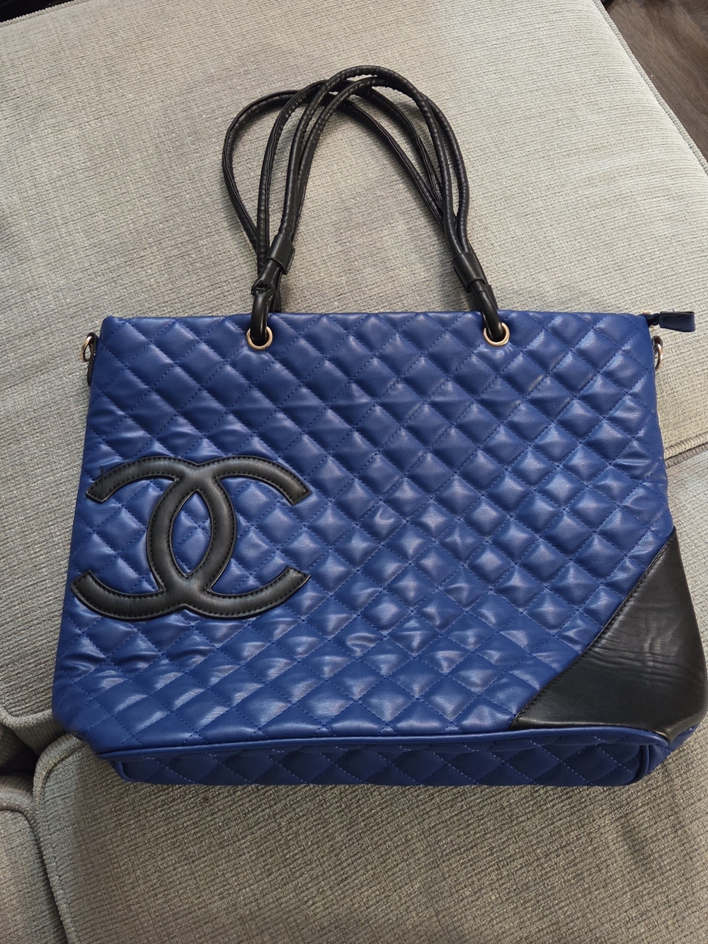 Quilted Blue Tote with Black Trim - Designer-Inspired Shoulder Bag